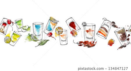 Blue Kamikaze, Flatliner, B-52, espresso coffee or dark beer, appletini and lemon shot. Seamless watercolor and ink banner of drinks hand drawn for nightclub menu headers, wrapping strips, or invites. 134847127
