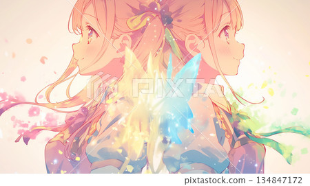Two beautiful anime girls standing back to back - A fantastic illustration with shining wings of light Two beautiful anime girls standing back to back - A fantastic illustration with shining wings of light 134847172