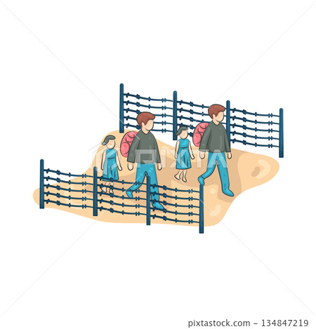 Illustration of refugee families who crossed the border Illustration of refugee families who crossed the border 134847219