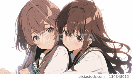 兩個穿著水手服的美麗動漫女孩互相依偎著——白色背景上的溫柔青春插畫 兩個穿著水手服的美麗動漫女孩互相依偎著——白色背景上的溫柔青春插畫 134848013