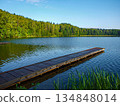 A bridge for swimming on a perfectly clean smooth calm lake in the morning. 134848014