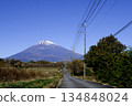 Straight paved road and power lines leading to Mount Fuji 134848024