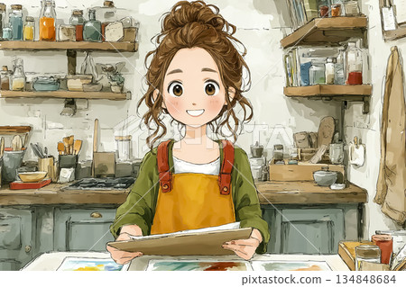 Illustration of a young female artist showing her work in her studio 134848684