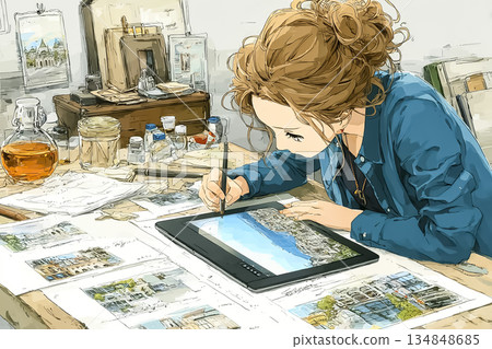 Illustration of a young female creator editing images on a tablet 134848685