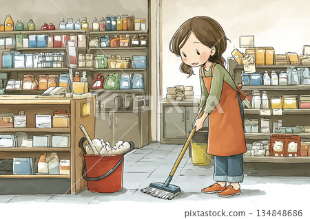 Illustration of a female store clerk cleaning the sales floor before opening 134848686