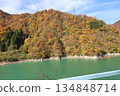 Kurobe Railway: The cobalt-colored Kurobe River and the mountains dyed in autumn leaves as seen from the trolley train 134848714