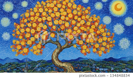 Surreal Orange Tree in a Dreamlike Blue Landscape 134848834