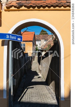 Historic Street View With Traditional Saxon Houses In Medias Romania Historic Street View With Traditional Saxon Houses In Medias Romania 134848868
