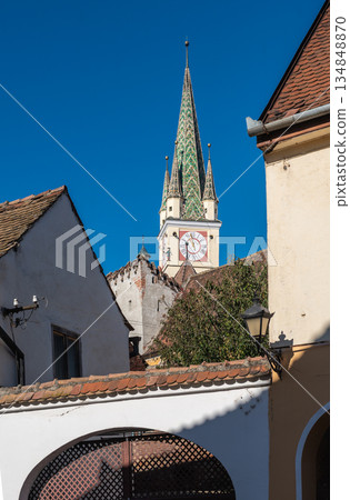 Medieval St Margarets Church Tower Rising Above Medias Town Square Medieval St Margarets Church Tower Rising Above Medias Town Square 134848870