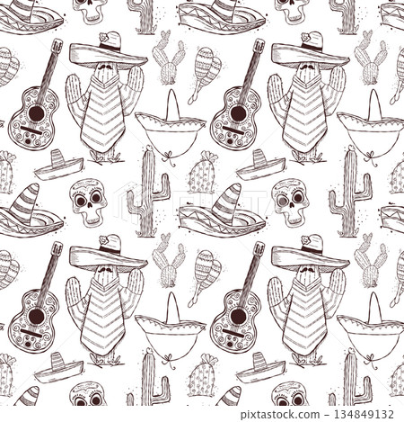 Seamless Mexican doodle pattern with sombrero cactus skull guitar and maracas in hand drawn style Seamless Mexican doodle pattern with sombrero cactus skull guitar and maracas in hand drawn style 134849132