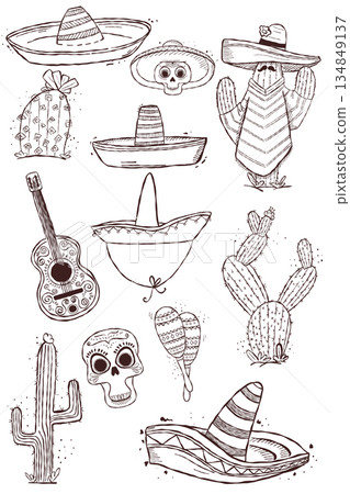 Mexican hand drawn set with sombrero cactus skull guitar and maracas in travel doodle style Mexican hand drawn set with sombrero cactus skull guitar and maracas in travel doodle style 134849137