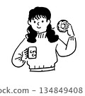 Donut coffee woman line drawing vector 134849408