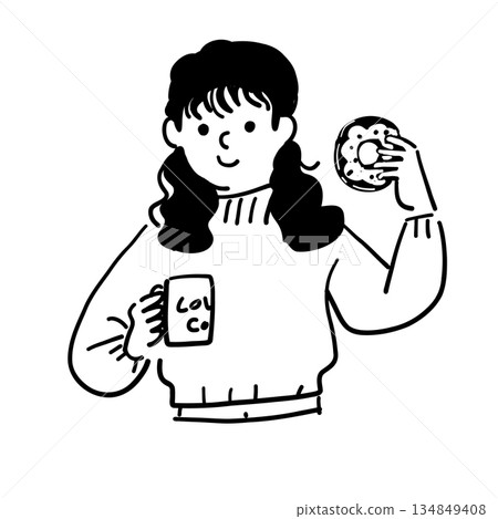 甜甜圈咖啡女人線條畫向量圖 甜甜圈咖啡女人線條畫向量圖 134849408
