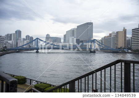 View of the Sumida River and Kiyosu Bridge from the Bashoan Historical Site Observation Garden 134849539