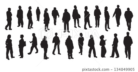 Silhouettes of diverse people in everyday urban life, black figures isolated on white background vector illustration Silhouettes of diverse people in everyday urban life, black figures isolated on white background vector illustration 134849905