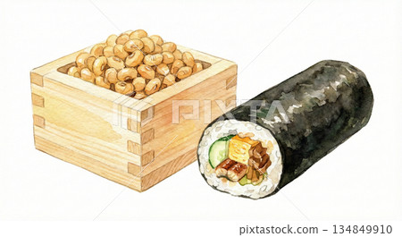 Setsubun hand-drawn watercolor illustration of lucky beans and ehomaki in a box Setsubun hand-drawn watercolor illustration of lucky beans and ehomaki in a box 134849910