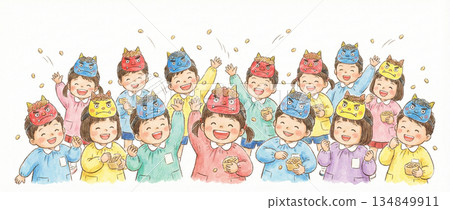 節分：幼稚園小朋友在玩丟豆子遊戲，他們的老師是鬼。手繪插圖。 134849911