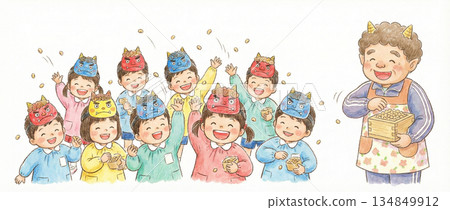 節分：幼稚園小朋友在玩丟豆子遊戲，他們的老師是鬼。手繪插圖。 134849912