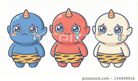 Setsubun illustration set of crying cute red demon, blue demon, and white demon 134849916