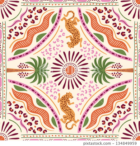Tropical tile, scarf, square seamless pattern with palm tree, leopard geometric ornament. Vector summer print 134849959
