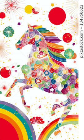 一幅精美的插畫,描繪了充滿活力、色彩斑斕的駿馬剪影和花卉裝飾 | 新年、新年賀卡、生肖、華麗、日式圖案 一幅精美的插畫,描繪了充滿活力、色彩斑斕的駿馬剪影和花卉裝飾 | 新年、新年賀卡、生肖、華麗、日式圖案 134850022