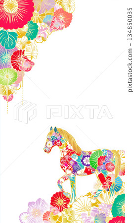 一幅飾以日式花卉圖案的奇幻駿馬藝術品 | 生肖，新年賀卡，2026，日式圖案，華麗，裝飾，動物 134850035