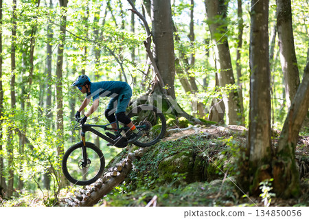 Mountain biker on a log bridge in a sunlit forest trail, showcasing outdoor adventure and fitness Mountain biker on a log bridge in a sunlit forest trail, showcasing outdoor adventure and fitness 134850056