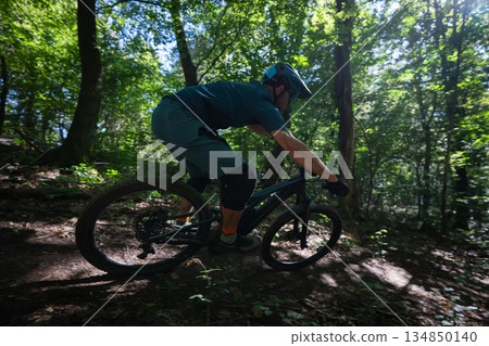 Mountain biker on an electric mountain bike speeds through a sunlit forest trail Mountain biker on an electric mountain bike speeds through a sunlit forest trail 134850140