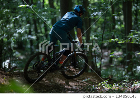 Mountain bike rider navigates a forest trail on a sunny, shaded day, exploring nature 134850143
