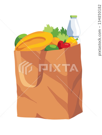Paper shopping bag products grocery. Different food and beverage products, grocery shopping. Grocery supermarket. Fresh organic food and drinks. Grocery delivery concept Paper shopping bag products grocery. Different food and beverage products, grocery shopping. Grocery supermarket. Fresh organic food and drinks. Grocery delivery concept 134850182