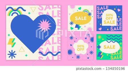 Design with Graphic Memphis Element. Background Retro Art for Advertising, Web, Social Media, Poster, Banner, Cover. Sale offer 134850196