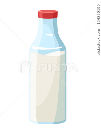 There is a bottle of milk that has a red lid sitting on a white background 134850199