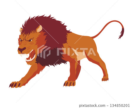 Proud powerful lion character. King of animal. Cartoon cute wild cat standing. Isolated vector Illustrations on a white background Proud powerful lion character. King of animal. Cartoon cute wild cat standing. Isolated vector Illustrations on a white background 134850201