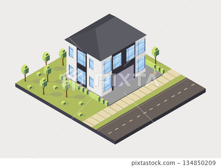 Isometric cottage icon. Suburb house composition with lawn vector illustration. Infographic element representing suburban building. Private house enterprises of real estate 134850209