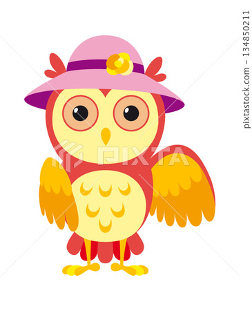 A vibrant pixel art owl in a stylish pink hat, full of charm 134850211