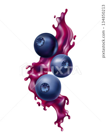 Shimmering blueberry bunches on leafy backdrop art, Colorful illustration showcasing glossy blueberries with dew and vibrant leafy surroundings for culinary presentation 134850213