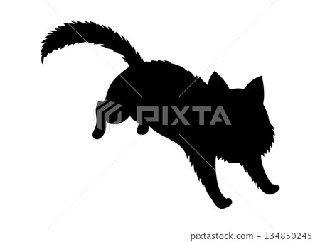 Cat silhouette. Black cat shape isolated on white background. Hand drawn illustration, flat design. Vector kitty jumps Cat silhouette. Black cat shape isolated on white background. Hand drawn illustration, flat design. Vector kitty jumps 134850245