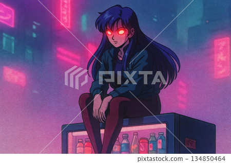 Retro anime girl with glowing red eyes sitting on neon vending machine 134850464