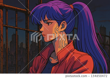 Cybernetic Character With Purple Hair Behind Rusted Metal Security Fence 134850472