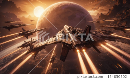 Fleet Of Combat Fighter Jets Flying In Formation Toward A Giant Sunlit Planet 134850502