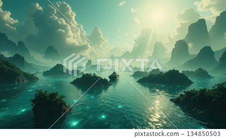 Small Boat Navigating Calm Waters Of A Tropical Lagoon With Majestic Misty Mountains Small Boat Navigating Calm Waters Of A Tropical Lagoon With Majestic Misty Mountains 134850503