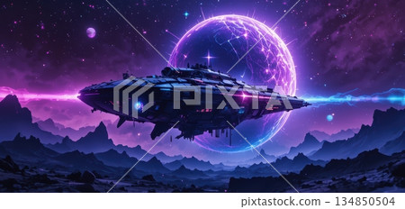 Futuristic Starship Cruising Through A Purple Nebula Over A Dark Jagged Mountain Range Futuristic Starship Cruising Through A Purple Nebula Over A Dark Jagged Mountain Range 134850504