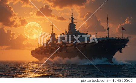Classic Ocean Liner Sailing Through Rough Waters Under a Large Moon 134850505