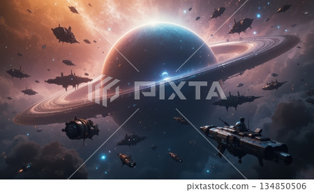 Fleet of Galactic Spaceships Navigating Through an Asteroid Ring System 134850506