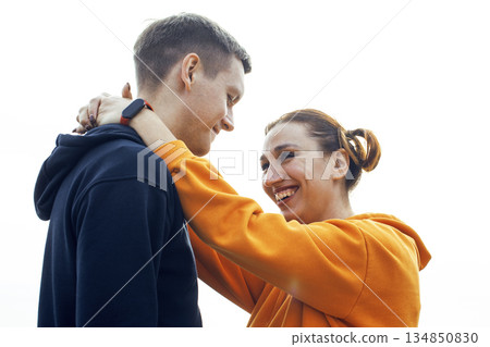 young caucasian couple tourists having fun on sea side, lifestyle people concept 134850830