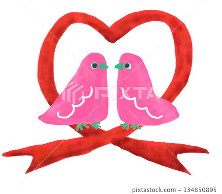 Cute pink bird Valentine's Day heart illustration with red ribbon Cute pink bird Valentine's Day heart illustration with red ribbon 134850895