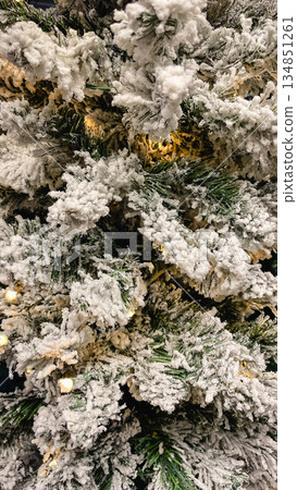 Close-up of a frosted Christmas tree branches with white artificial snow and warm glowing lights 134851261