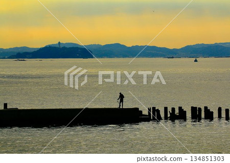 一位漁夫眺望江之島的晨曦… 134851303