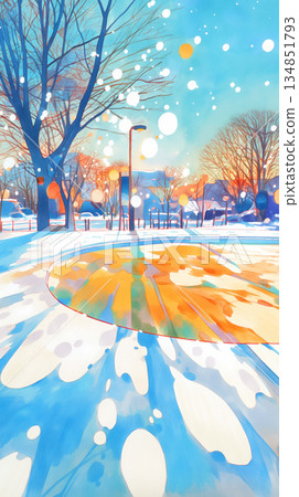 描繪冬日雪景的自然風光插畫 | 靜謐，落葉樹，粉狀積雪，潔白的世界 134851793