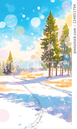 描繪冬日雪景的自然風光插畫 | 靜謐，落葉樹，粉狀積雪，潔白的世界 134851794